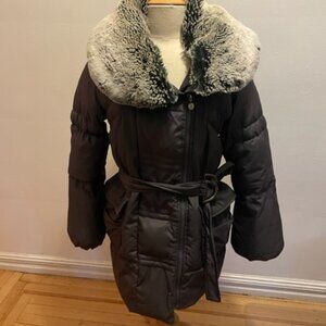 Betsey Johnson belted puffer coat with detachable faux fur collar in dark grey